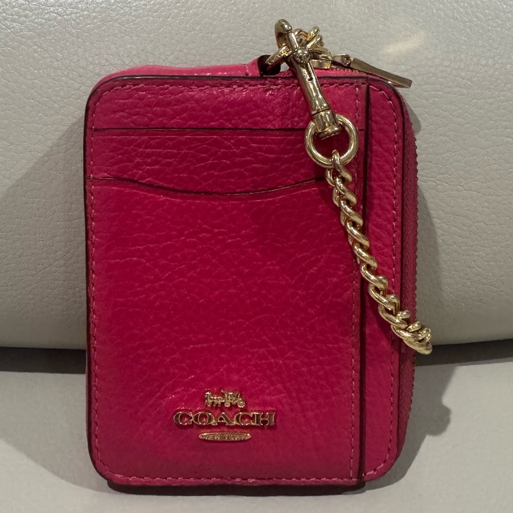 Coach Hot Pink Leather Zip Card Case Wallet with Gold Chain